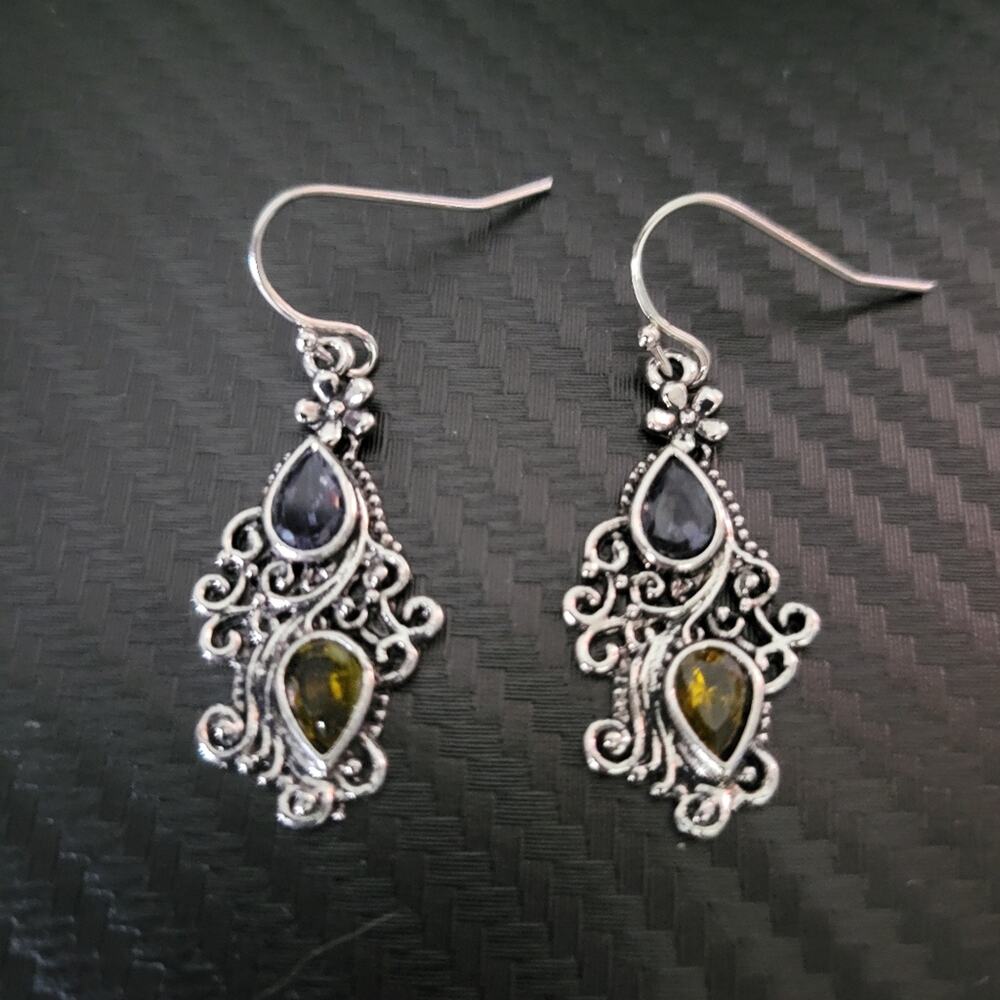 Floral boho sliver tone earrings with blue and yellow teardrop rhinestones